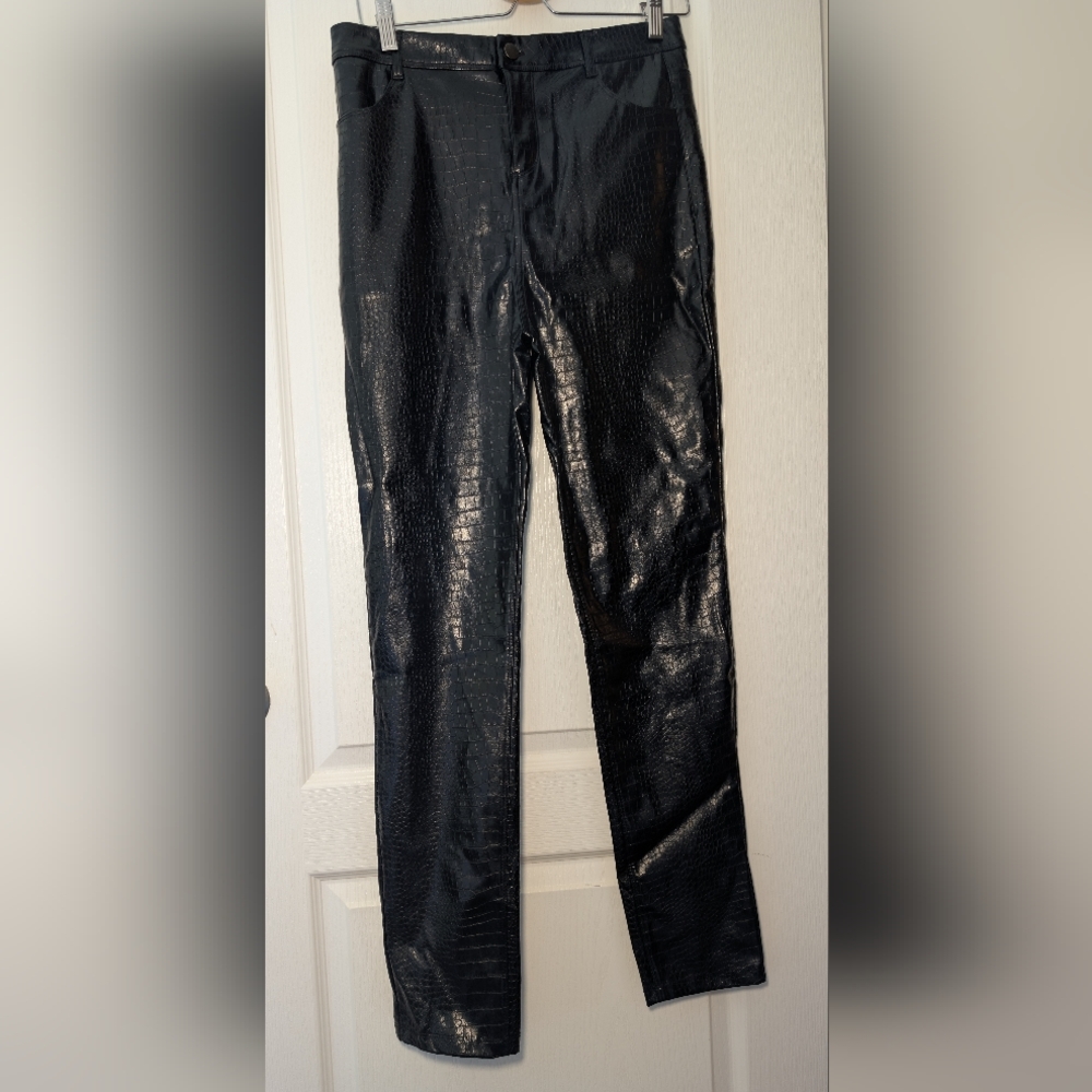 Black Croc-Embossed Women's Pants